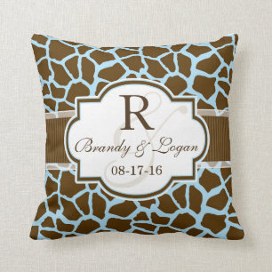 Brown, Blue Giraffe Animal Print Wedding Throw Pillow