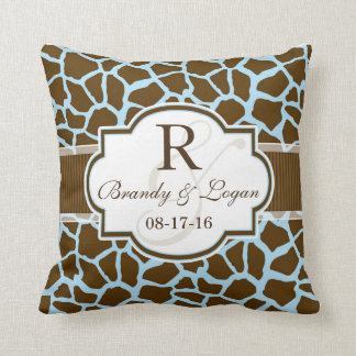 Brown, Blue Giraffe Animal Print Wedding Throw Pillow