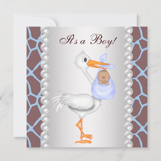Brown Blue Giraffe Stork Baby Boy Shower Invitation (Front)