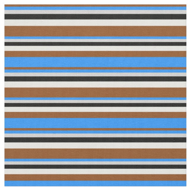 Brown, Blue, Light Grey, Black & Mint Cream Lines Fabric (Close Up)