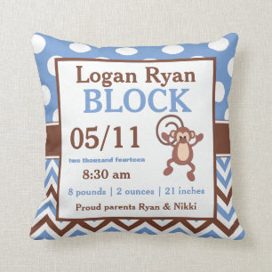 Brown Blue Monkey Personalized Baby Announcement Throw Pillow