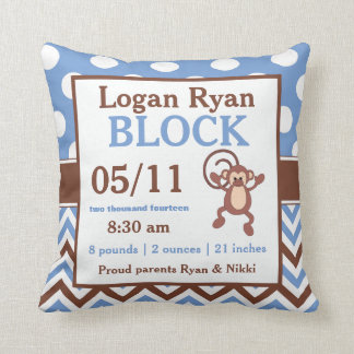Brown Blue Monkey Personalized Baby Announcement Throw Pillow