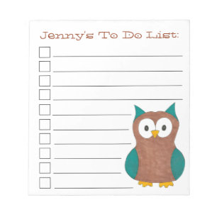 Brown Blue Owl Bird Personalized To Do List Notepad