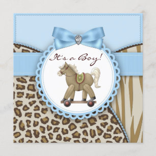 Brown Blue Rocking Horse Baby Boy Shower Invitation