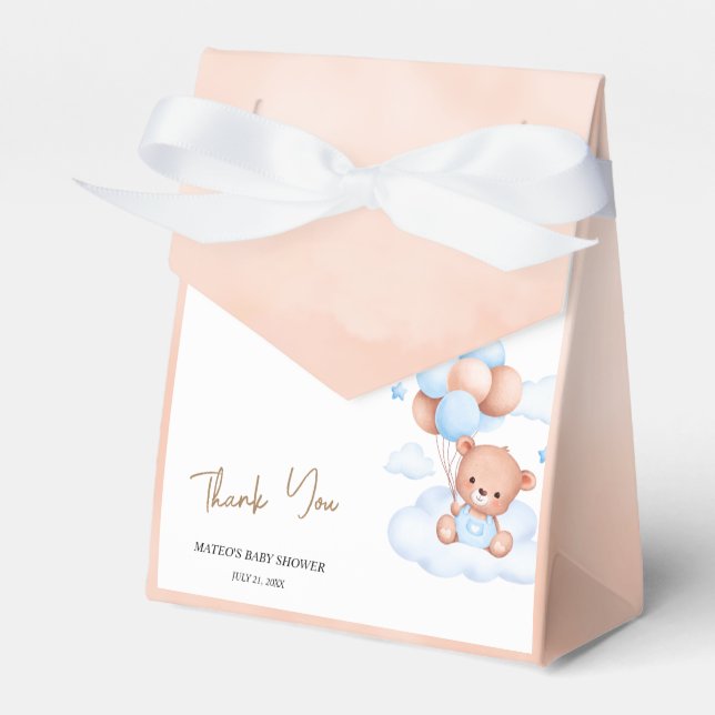 Brown Blue Teddy Bear Balloons Baby Favor Box (Front Side)