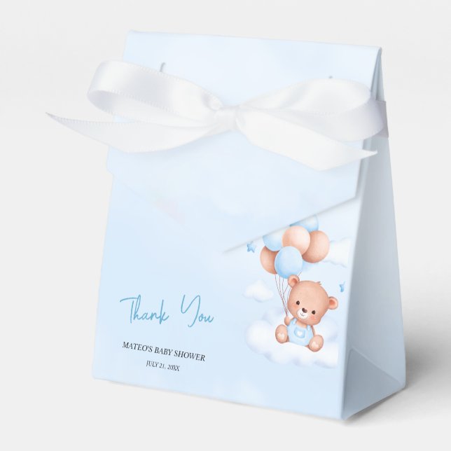Brown Blue Teddy Bear Balloons Baby Favor Box (Front Side)