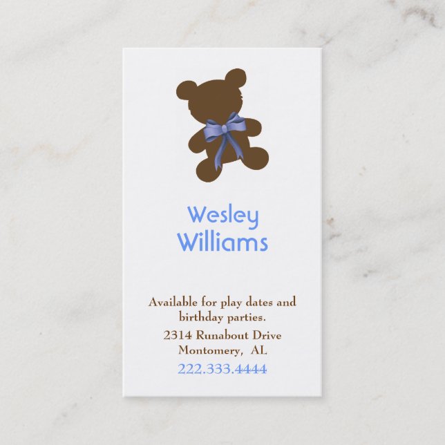 Brown & Blue Teddy Bear Custom Play Date Card (Front)