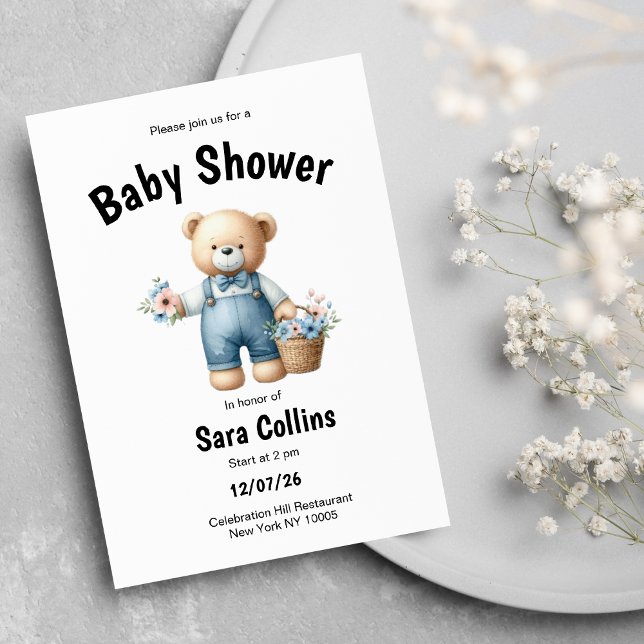 Brown blue teddy bear pink flowers Baby Shower Invitation (Brown blue teddy bear pink flowers Baby Shower)