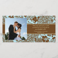 Brown blue whimsical wedding thank you photocard