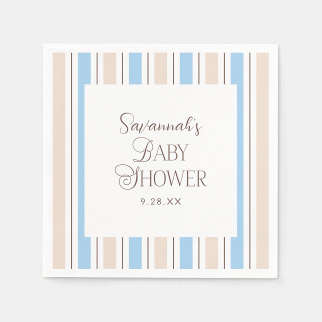 Brown Blue White Stripe Pattern Custom Baby Shower Napkin (Front)