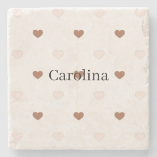 Brown Blush Pink Hearts Love Stone Coaster