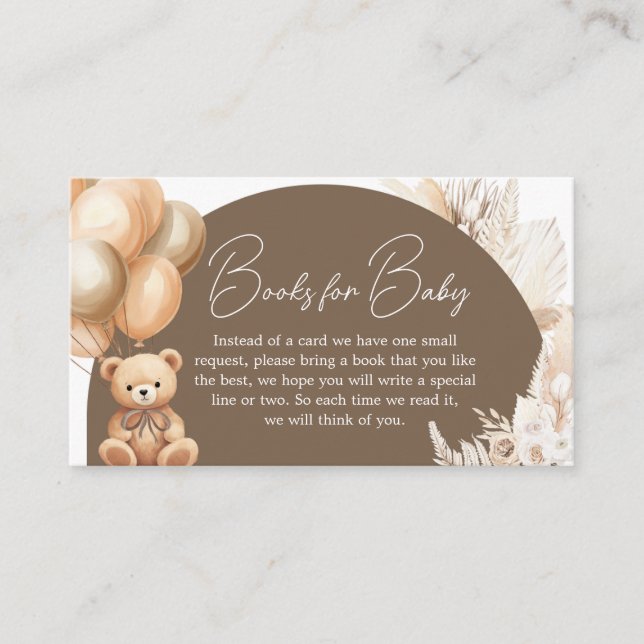 Brown Boho Bear Balloon Baby Shower Books for Baby Enclosure Card (Front)