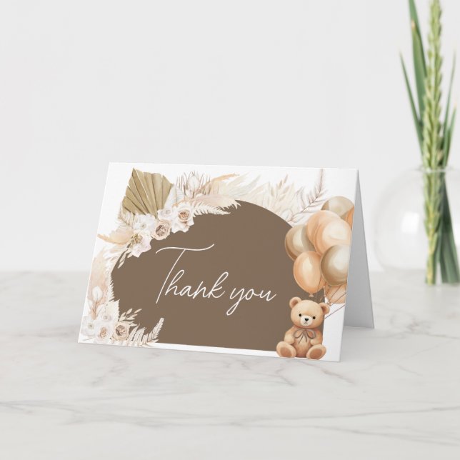 Brown Boho Bear Balloon Baby Shower Thank You Card (Front)