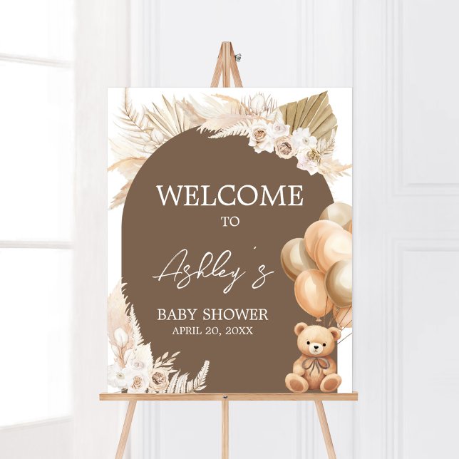 Brown Boho Bear Balloon Baby Shower Welcome Poster (Brown Balloons Baby Shower Welcome Sign)
