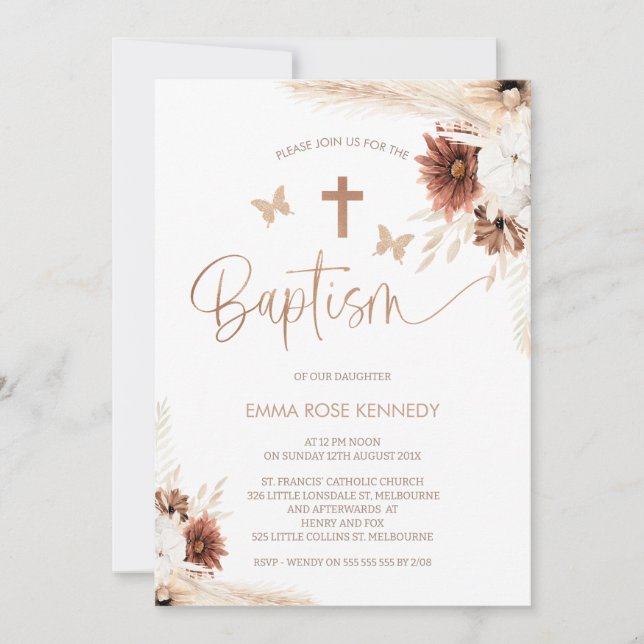 Brown Boho Floral And Butterflies Baptism Invitation (Front)