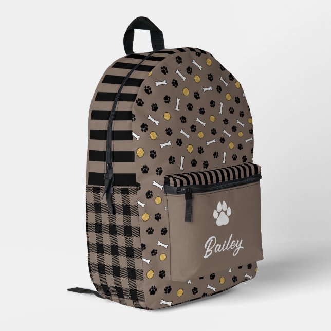 Brown Bones & Balls Paw Print Dog Name Printed Backpack (Back Corner Left)