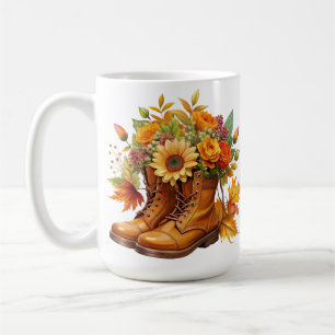 BROWN BOOTS WITH PRETTY FALL AUTUMN FLOWERS COFFEE MUG