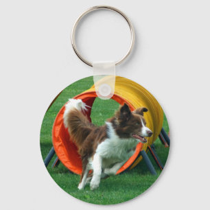 Brown Border Collie Agility Tunnel Keychain