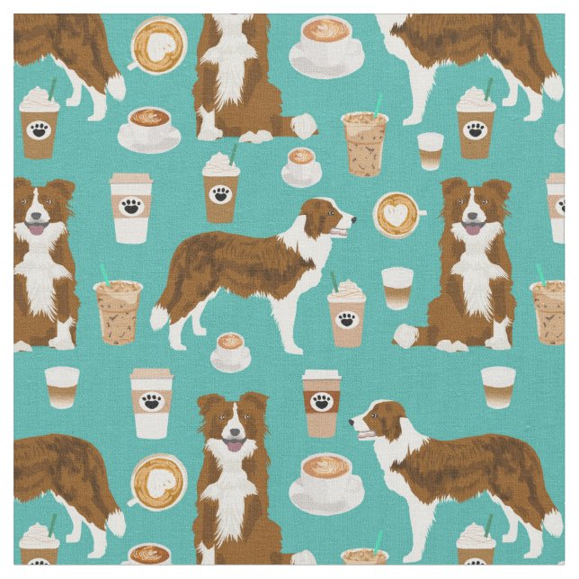Brown border collie dog coffee lover turquoise fabric (Close Up)