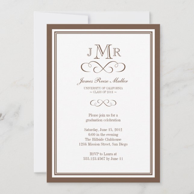Brown border frame classy monogram graduation invitation (Front)