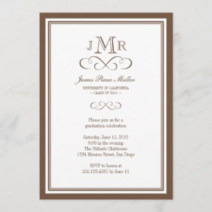 Brown border frame classy monogram graduation invitation