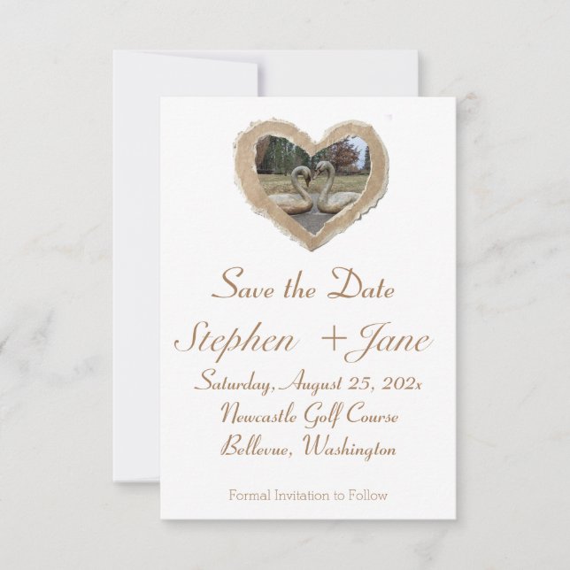 Brown border Swan in Heart Save the Date Card (Front)