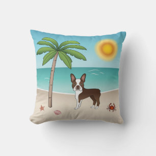 Brown Boston Terrier At A Tropical Summer Beach Throw Pillow