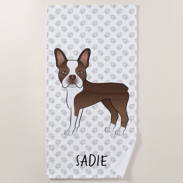 Brown Boston Terrier Cartoon Dog & Custom Text Beach Towel (Front)