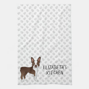 Brown Boston Terrier Cartoon Dog & Custom Text Kitchen Towel