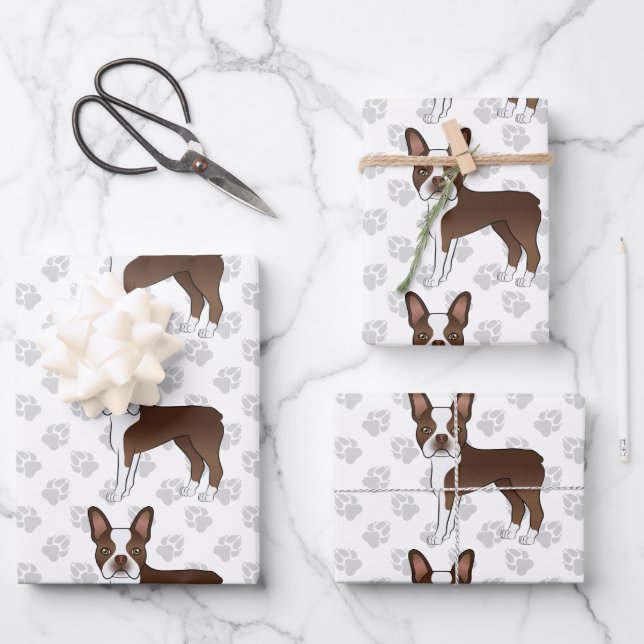 Brown Boston Terrier Cartoon Dog Pattern & Paws Wrapping Paper Sheet (Front)