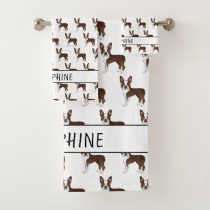Brown Boston Terrier Cartoon Dog Pattern With Name Bath Towel Set
