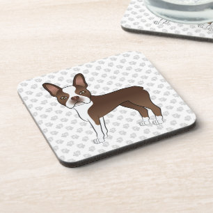 Brown Boston Terrier Cute Cartoon Dog & Grey Paws Coaster