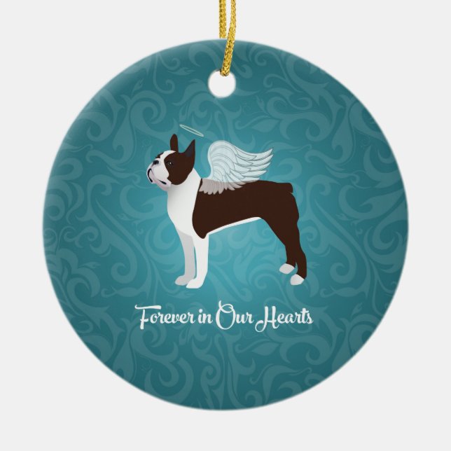 Brown Boston Terrier Dog Angel Pet Memorial Ceramic Ornament (Front)