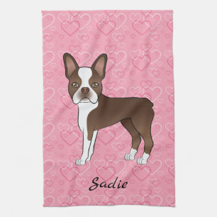 Brown Boston Terrier Dog On Pink Hearts And Name Kitchen Towel