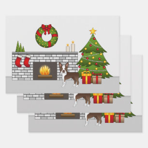 Brown Boston Terrier In A Festive Christmas Room Wrapping Paper Sheet