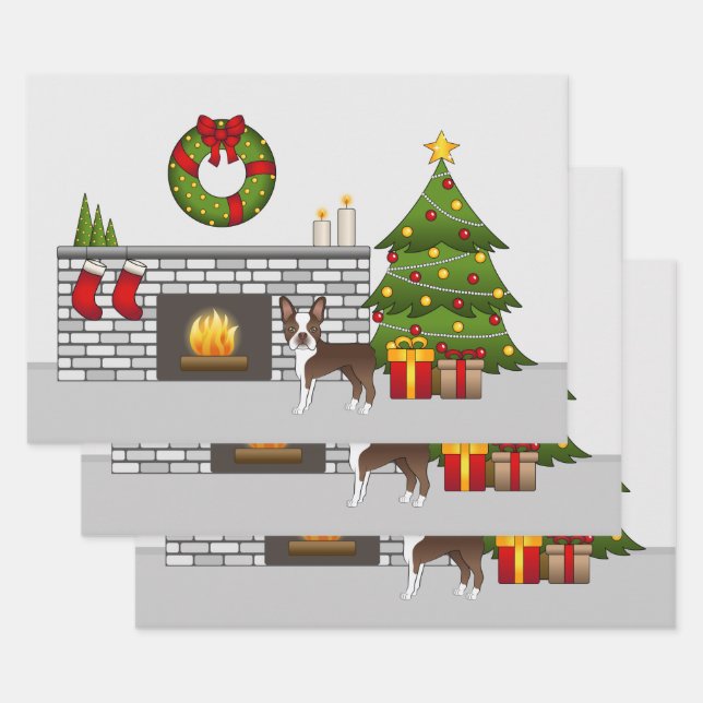 Brown Boston Terrier In A Festive Christmas Room Wrapping Paper Sheet (Set)