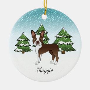 Brown Boston Terrier In A Winter Forest & Name Ceramic Ornament