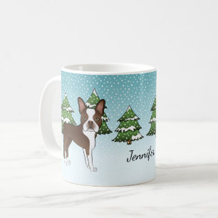 Brown Boston Terrier In A Winter Forest & Name Coffee Mug