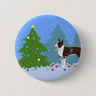 Brown Boston Terrier in Christmas Forest 2 Inch Round Button