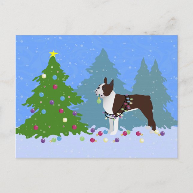 Brown Boston Terrier in Christmas Forest Holiday Postcard (Front)
