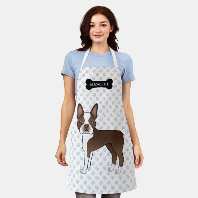 Brown Boston Terrier With Bone, Paws & Custom Name Apron (Worn)