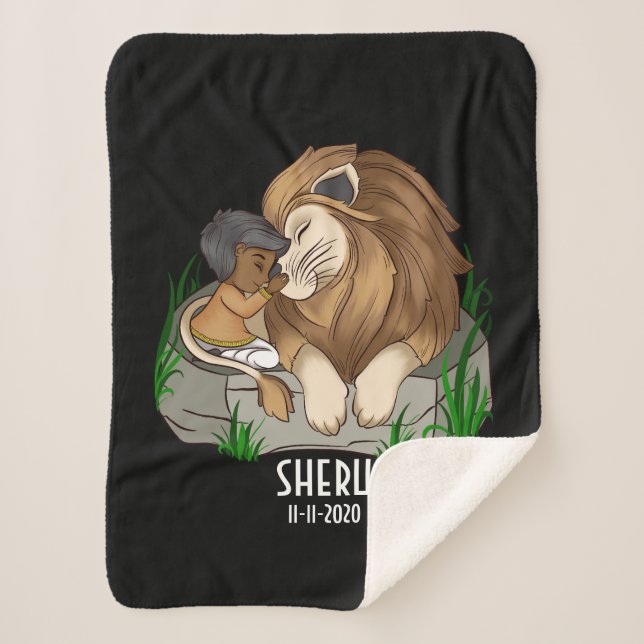 Brown boy hugging a lion sherpa blanket (Front)