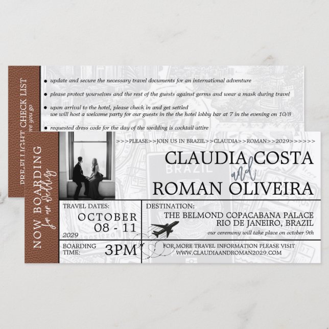 Brown Brazil Wedding Boarding Pass (Front/Back)