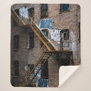 BROWN BRICK BUILDING WITH YELLOW METAL LADDER SHERPA BLANKET