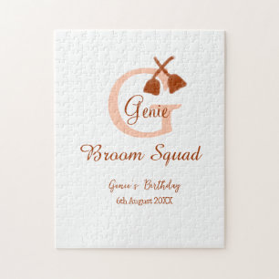 Brown broom Squad Birthday name peach monogram Jigsaw Puzzle