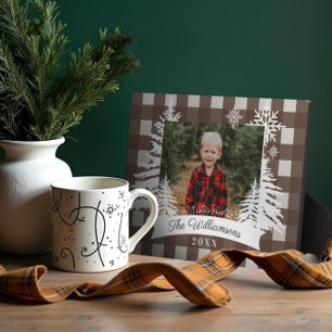 Brown Buffalo Plaid Rustic Pine Tree Family Photo Plaque