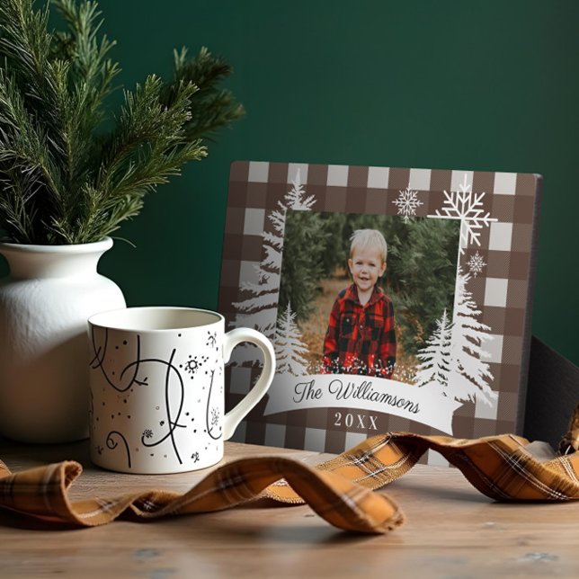Brown Buffalo Plaid Rustic Pine Tree Family Photo Plaque (Brown Buffalo Plaid Rustic Pine Tree Family Photo Plaque)