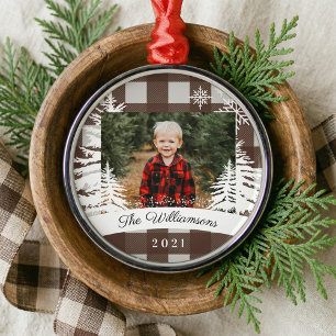 Brown Buffalo Plaid Rustic Pine Trees Family Photo Metal Ornament
