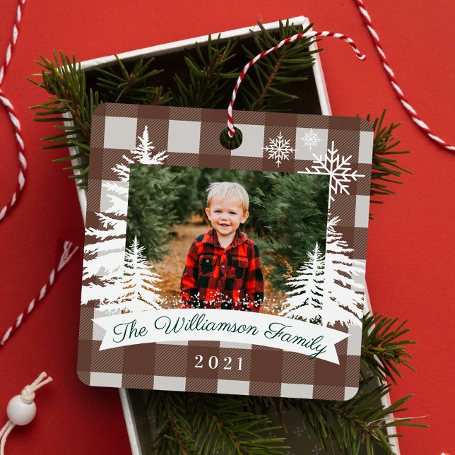 Brown Buffalo Plaid Rustic Pine Trees Family Photo Metal Ornament (Brown Buffalo Plaid Rustic Pine Trees Family Photo Metal Ornament)