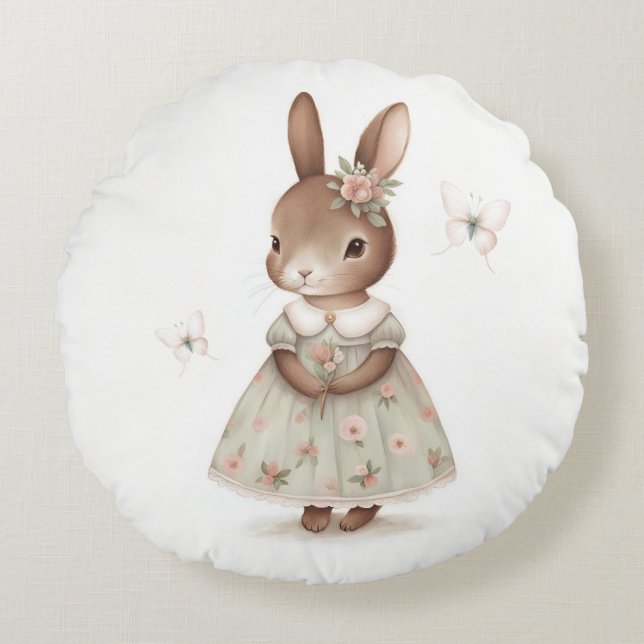 Brown Bunny in a Floral Dress Round Pillow (Front)